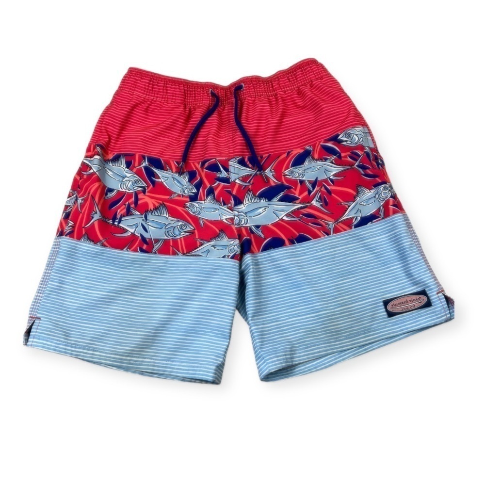 Vineyard Vines Boys Large Paneled Chappy Swim Trunks Panel Americana Fish Stripe